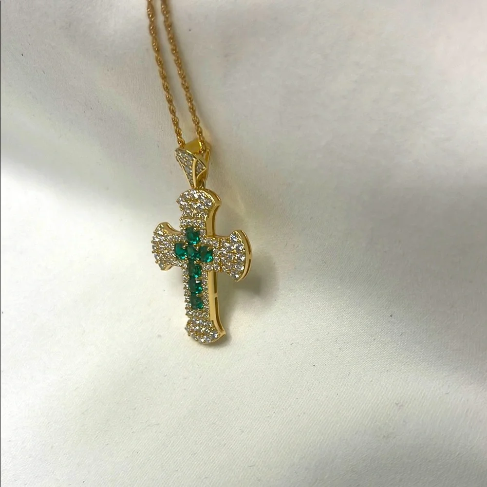 NWOT FWM Moissanite & Created Emerald Cross Necklace 925 Sterling Silver